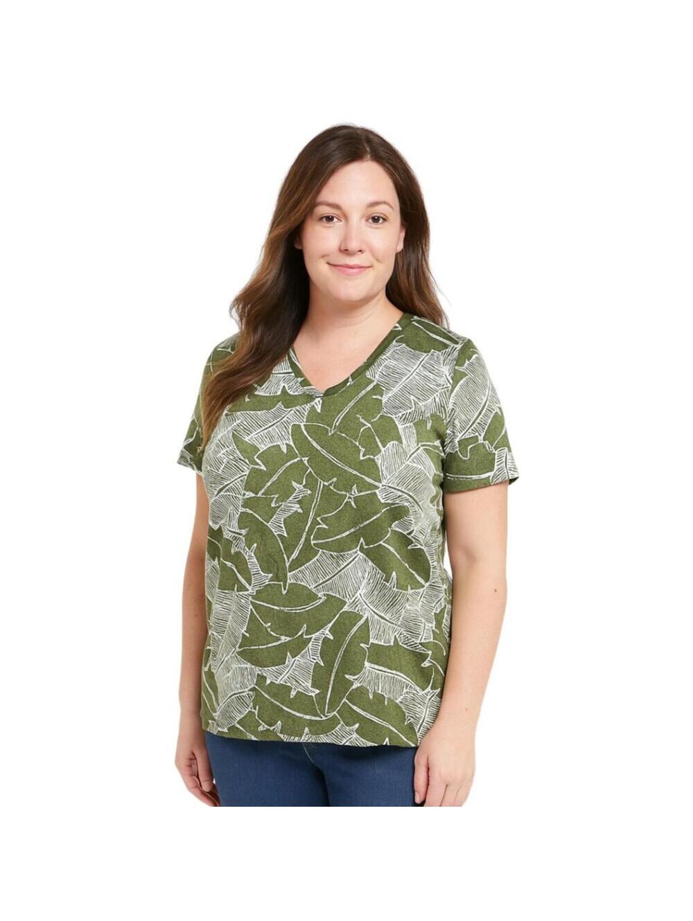 Croft & Barrow Women's Green Leaf Print V-Neck Short Sleeve